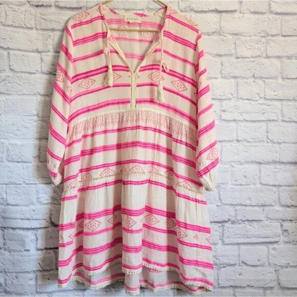 Aspiga Sophia Embroidered Cotton Dress M Pink Striped Boho Bohemian Vacation - Picture 2 of 6